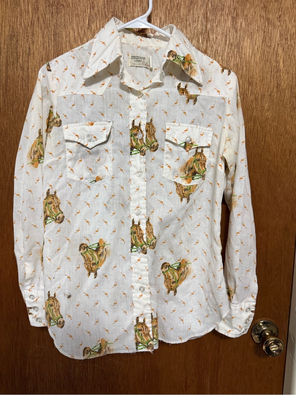1970s Stockman Classics Men’s Button-Down Shirt with Brown & Green HorsePrint